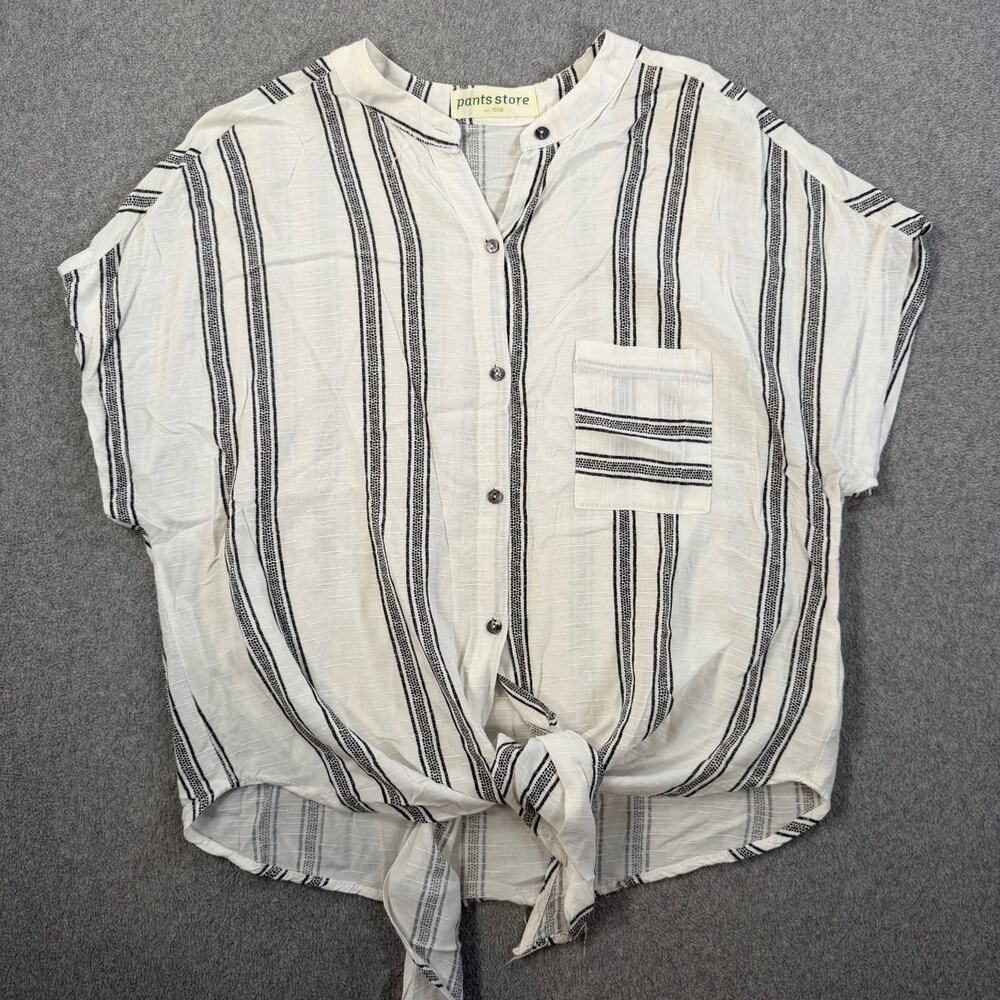 Pants Store Women's Large White Black Stripe Button Up Tie Front Blouse Top